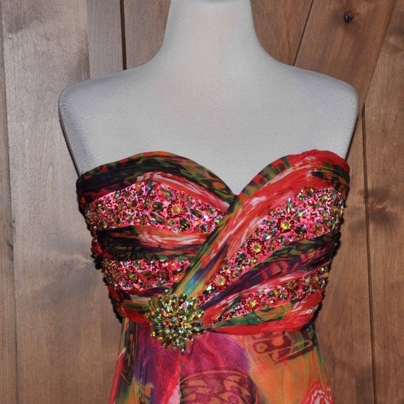 Frenchy by Heather French Henry Colorful Boho Strapless Chiffon Maxi Gown - Picture 2 of 7